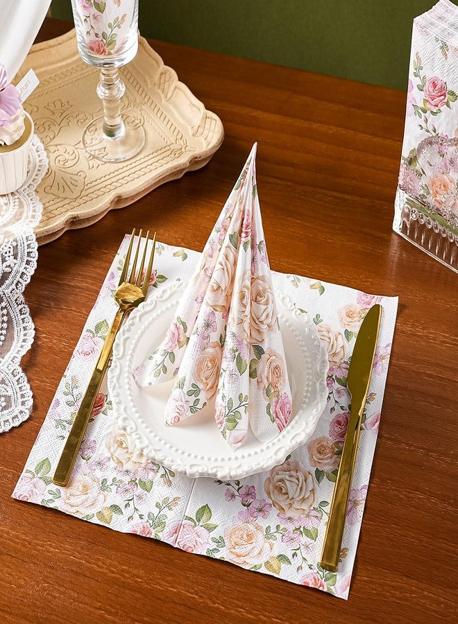 WRAPAHOLIC 50Pcs Pink Floral Cocktail Napkins - 3-Ply Pink Rose and Blossom Disposable Paper Napkins for Wedding Party Tableware Party Supplies - 5 x 5 In - Image 5